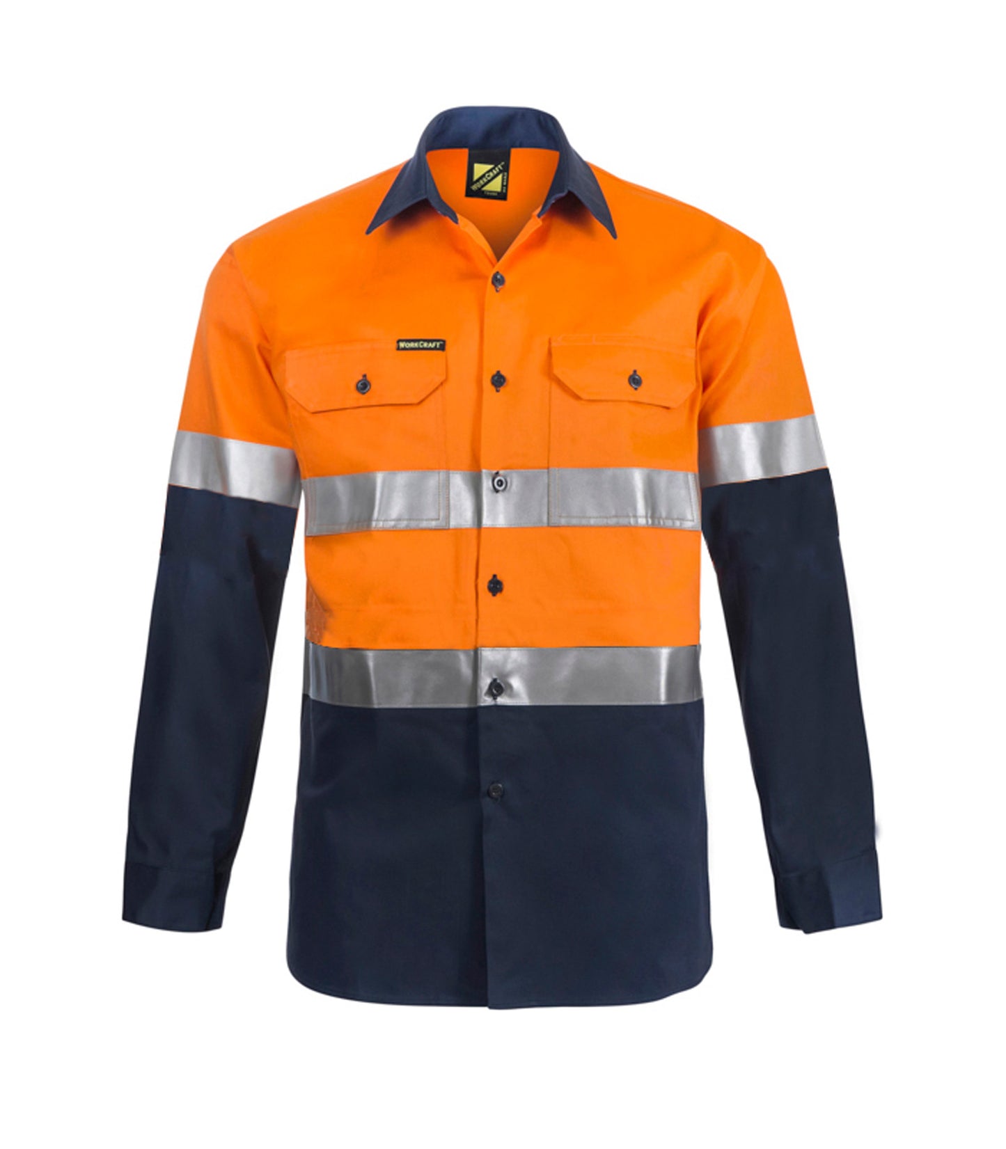 Workcraft WS6030 Light Weight Hi Vis Long Sleeves Vented Cotton Drill Reflective Shirt in Orange/Navy