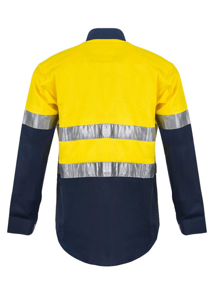 Workcraft WS6030 Light Weight Hi Vis Long Sleeves Vented Cotton Drill Reflective Shirt in Yellow/Navy