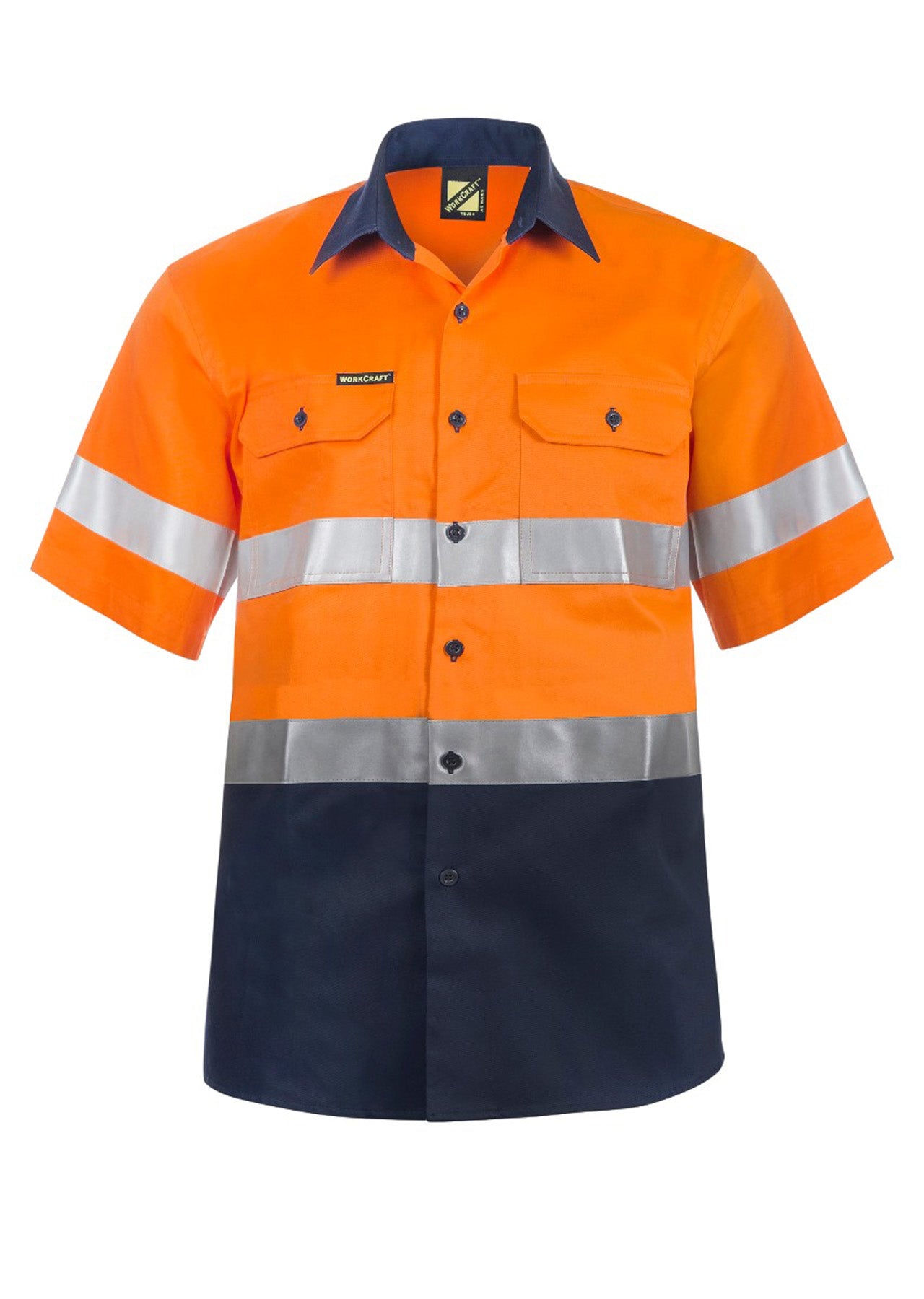 Workcraft WS4001 Mens Hi Vis Short Sleeve Cotton Drill Reflective Shirt in Orange/Navy