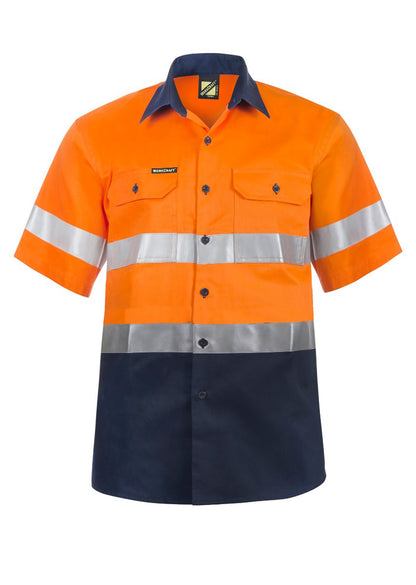 Workcraft WS4001 Mens Hi Vis Short Sleeve Cotton Drill Reflective Shirt in Orange/Navy