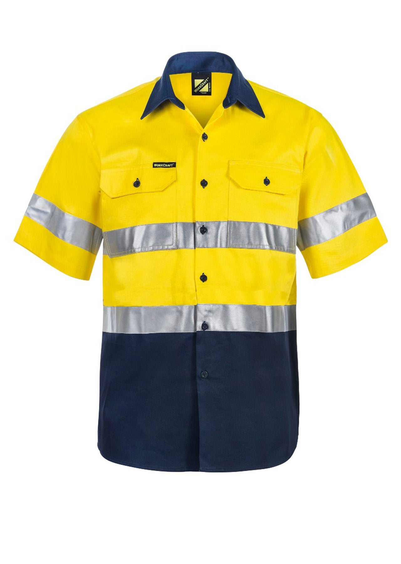 Workcraft WS4001 Mens Hi Vis Short Sleeve Cotton Drill Reflective Shirt in Yellow/Navy