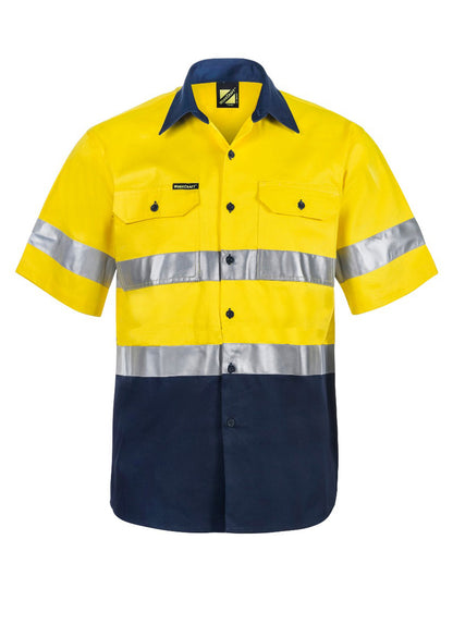 Workcraft WS4001 Mens Hi Vis Short Sleeve Cotton Drill Reflective Shirt in Yellow/Navy