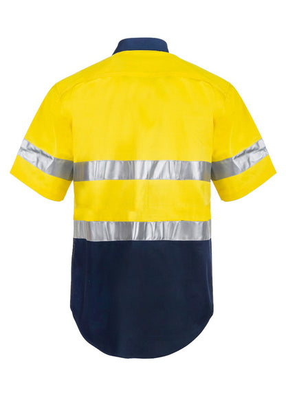 Workcraft WS4001 Mens Hi Vis Short Sleeve Cotton Drill Reflective Shirt in Yellow/Navy