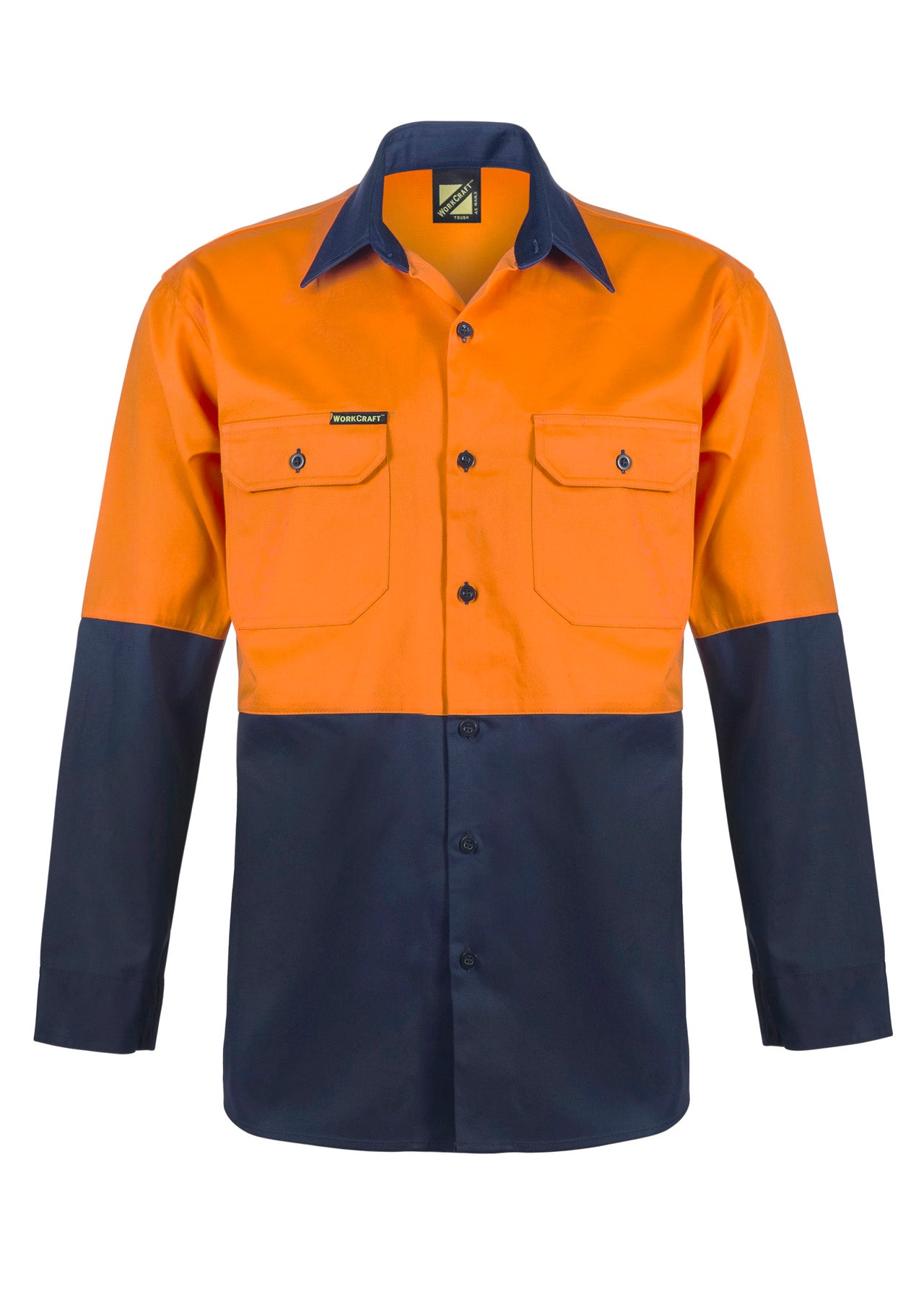 Workcraft WS3022 Mens Hi Vis Long Sleeve Cotton Drill Shirt in Orange/Navy
