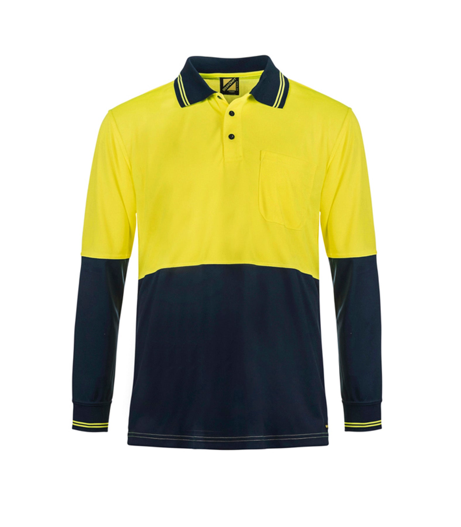 Workcraft WSP402 Hi Vis Long Sleeve Cotton Back Polo With Pocket in Yellow/Navy