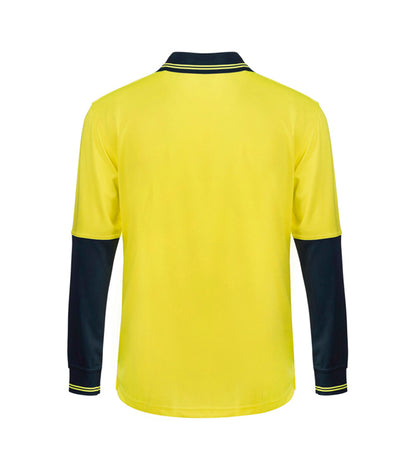 Workcraft WSP402 Hi Vis Long Sleeve Cotton Back Polo With Pocket in Yellow/Navy