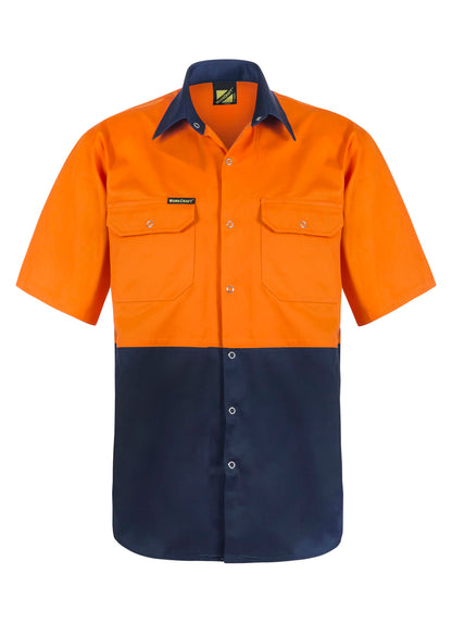 Workcraft WS3063 Hi Vis Short Sleeve Cotton Drill Industrial Laundry Shirt With Press Studs in Orange/Navy