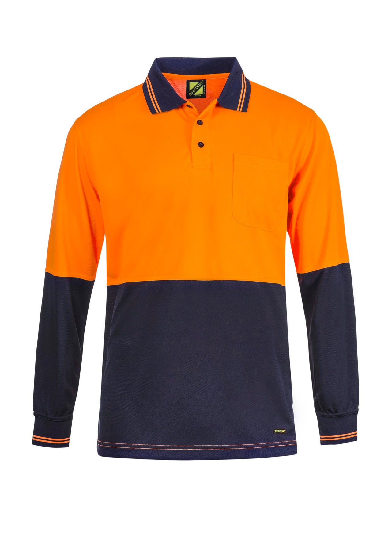 Workcraft WSP202 Hi Vis Long Sleeve Micromesh Polo With Pocket in Orange/Navy