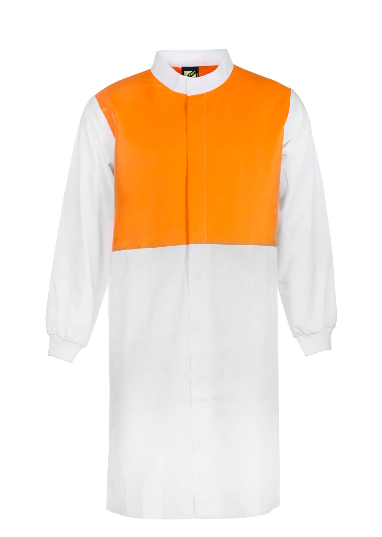 Workcraft WJ3194 Hi Vis Long Sleeve Food Industry Long Length Dustcoat With Mandarin Collar in Orange/White