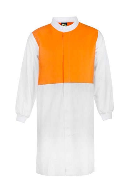 Workcraft WJ3194 Hi Vis Long Sleeve Food Industry Long Length Dustcoat With Mandarin Collar in Orange/White