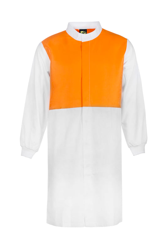 Workcraft WJ3194 Hi Vis Long Sleeve Food Industry Long Length Dustcoat With Mandarin Collar in Orange/White