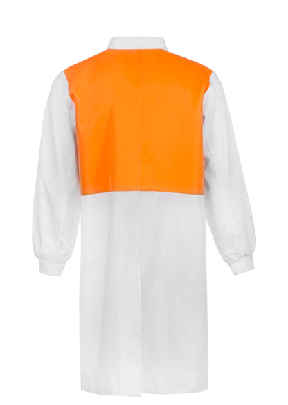 Workcraft WJ3194 Hi Vis Long Sleeve Food Industry Long Length Dustcoat With Mandarin Collar in Orange/White