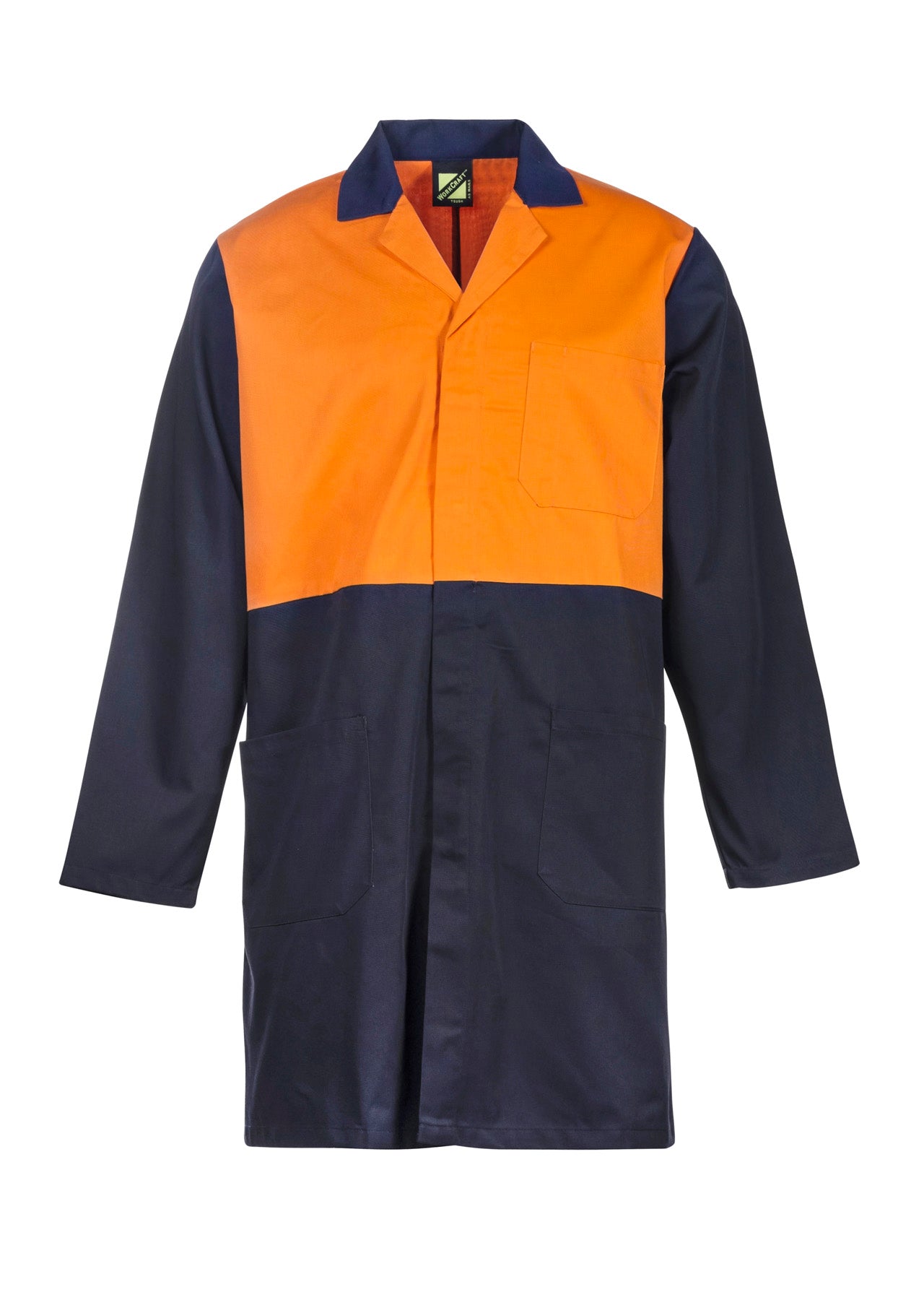 Workcraft WJ047 Hi Vis Long Sleeve Dustcoat With Patch Pockets in Orange/Navy