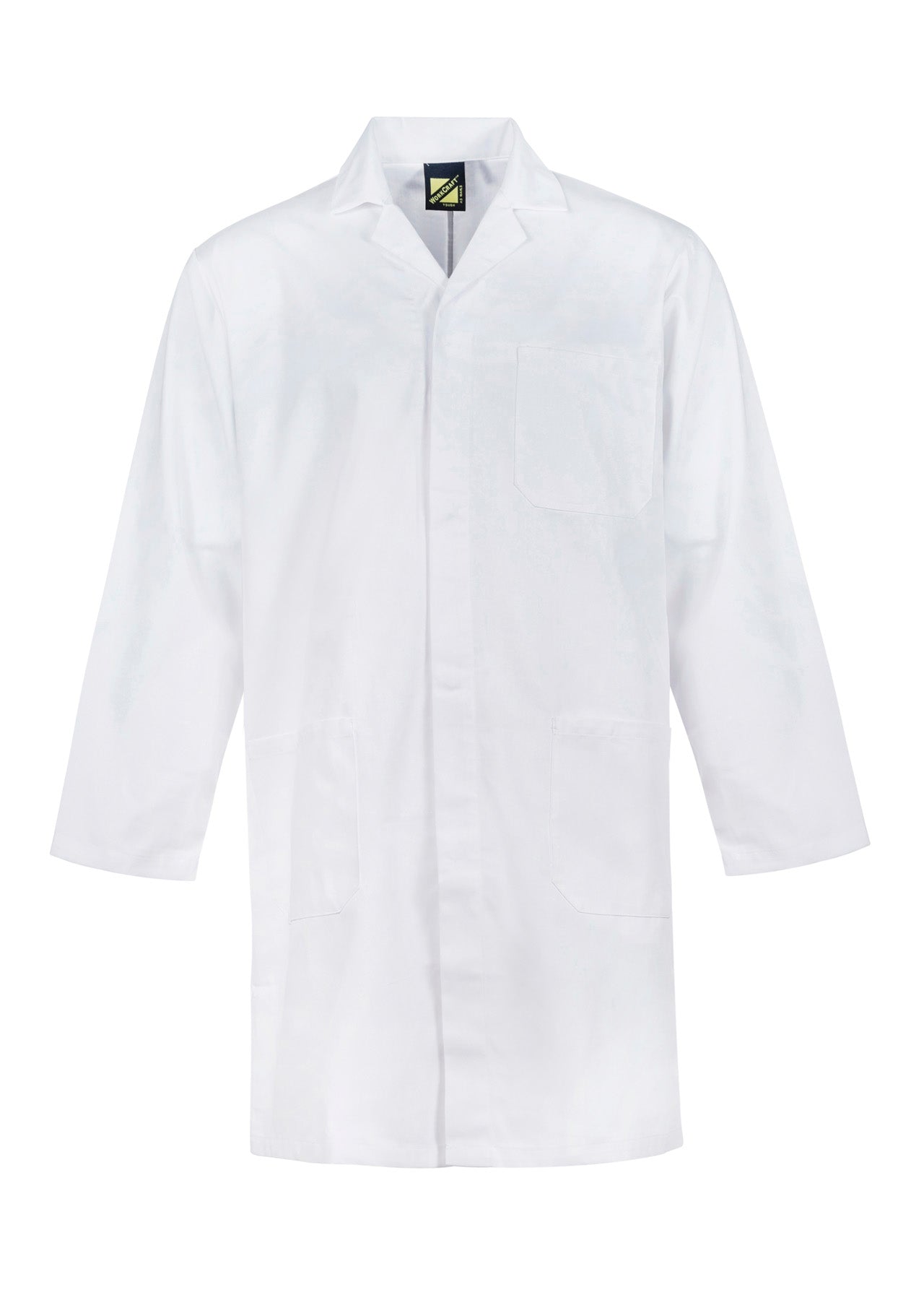 Workcraft WJ057 Long Sleeve Dustcoat With Patch Pockets in Mid Blue, White