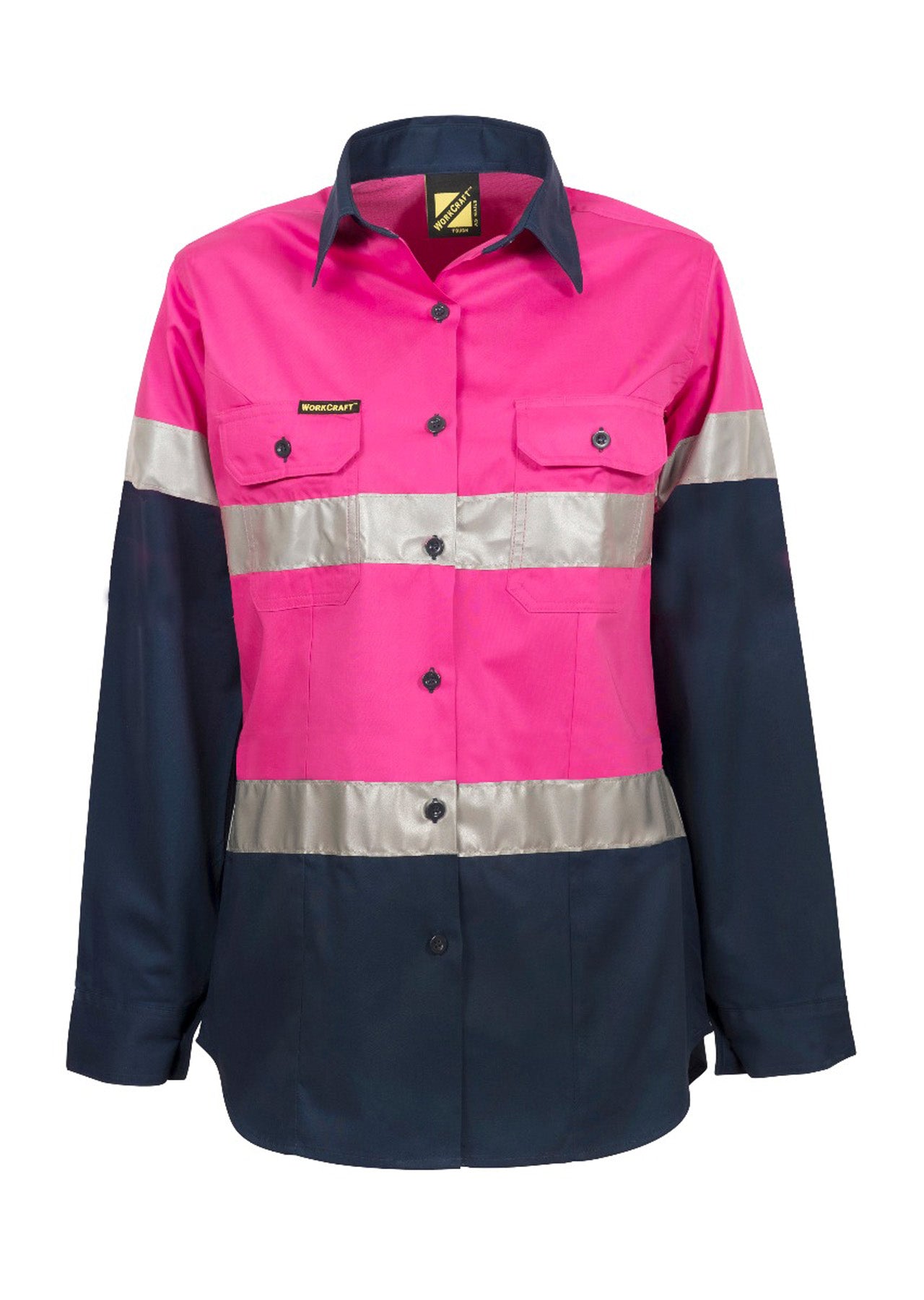 Workcraft WSL503 Ladies Lightweight Hi Vis Long Sleeve Vented Reflective Cotton Drill Shirt – Night Use Only in Pink/Navy