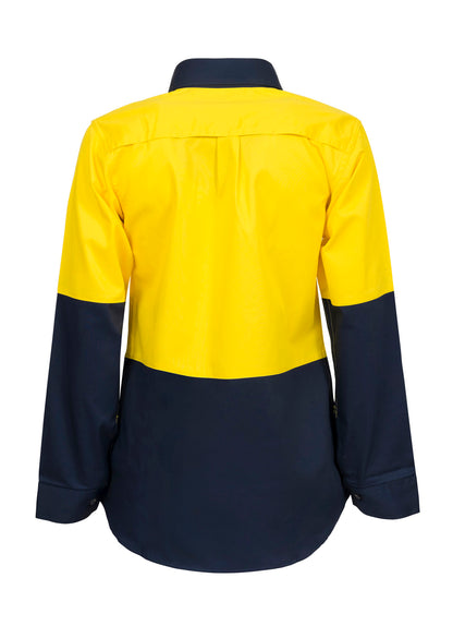 Workcraft WSL502 Ladies Lightweight Hi Vis Long Sleeve Vented Cotton Drill Shirt in Yellow/Navy