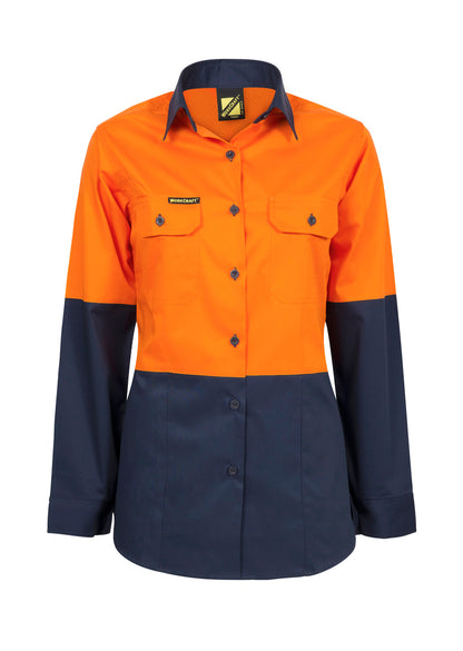 Workcraft WSL502 Ladies Lightweight Hi Vis Long Sleeve Vented Cotton Drill Shirt in Orange/Navy