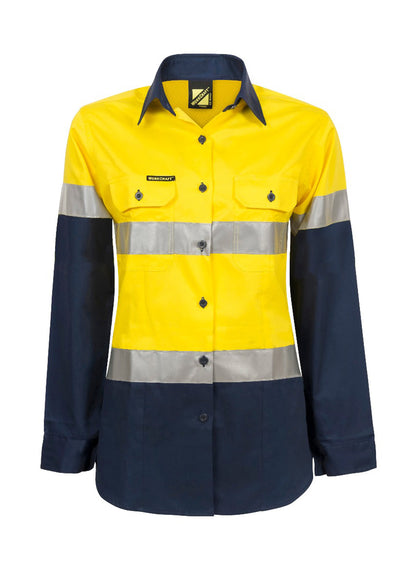 Workcraft WSL501 Ladies Lightweight Hi Vis Long Sleeve Vented Reflective Cotton Drill Shirt in Yellow/Navy