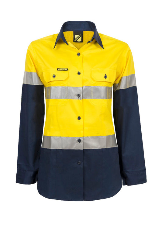 Workcraft WSL501 Ladies Lightweight Hi Vis Long Sleeve Vented Reflective Cotton Drill Shirt in Yellow/Navy