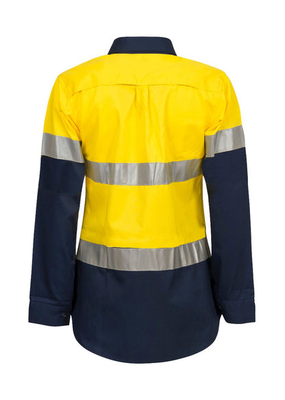 Workcraft WSL501 Ladies Lightweight Hi Vis Long Sleeve Vented Reflective Cotton Drill Shirt in Yellow/Navy