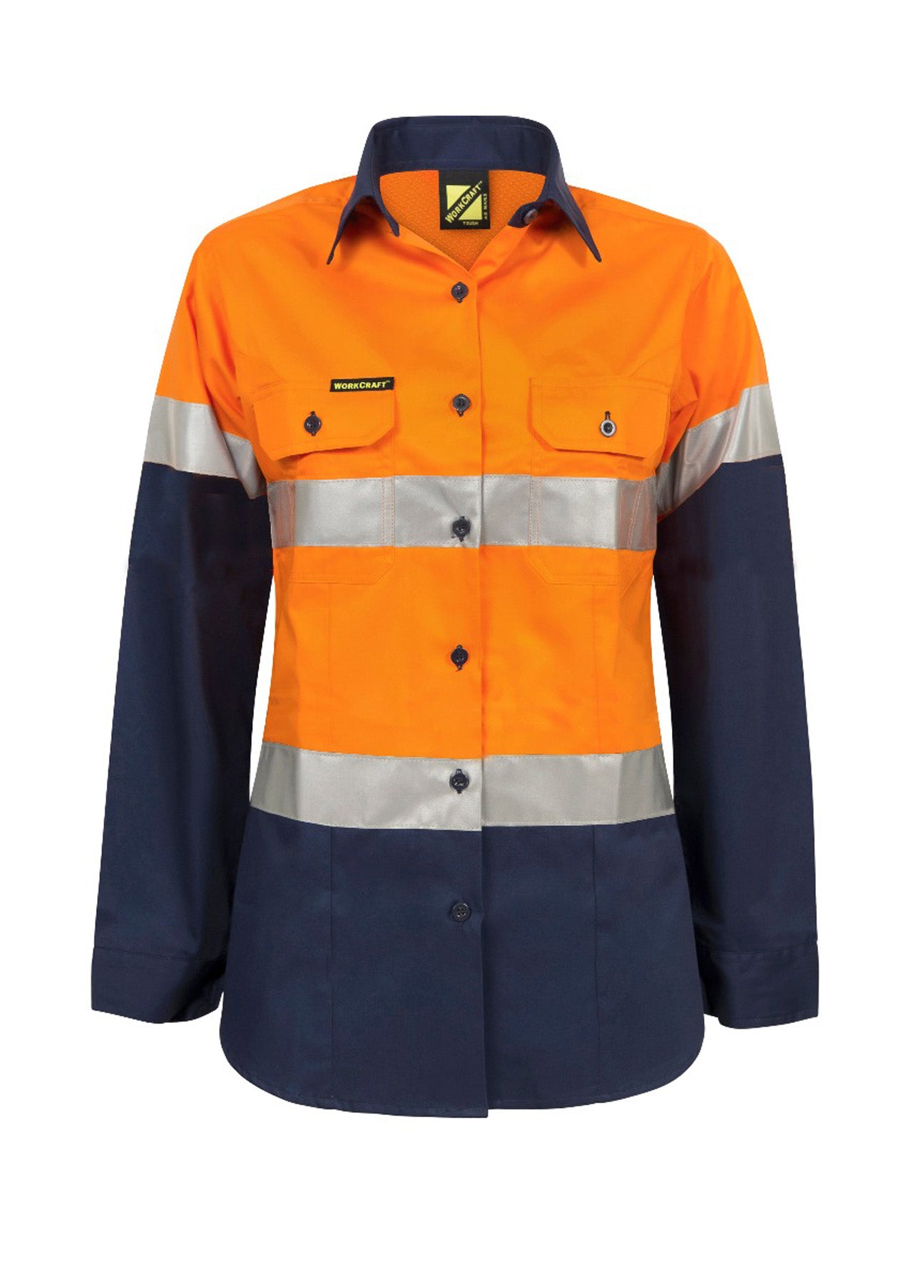 Workcraft WSL501 Ladies Lightweight Hi Vis Long Sleeve Vented Reflective Cotton Drill Shirt in Orange/Navy