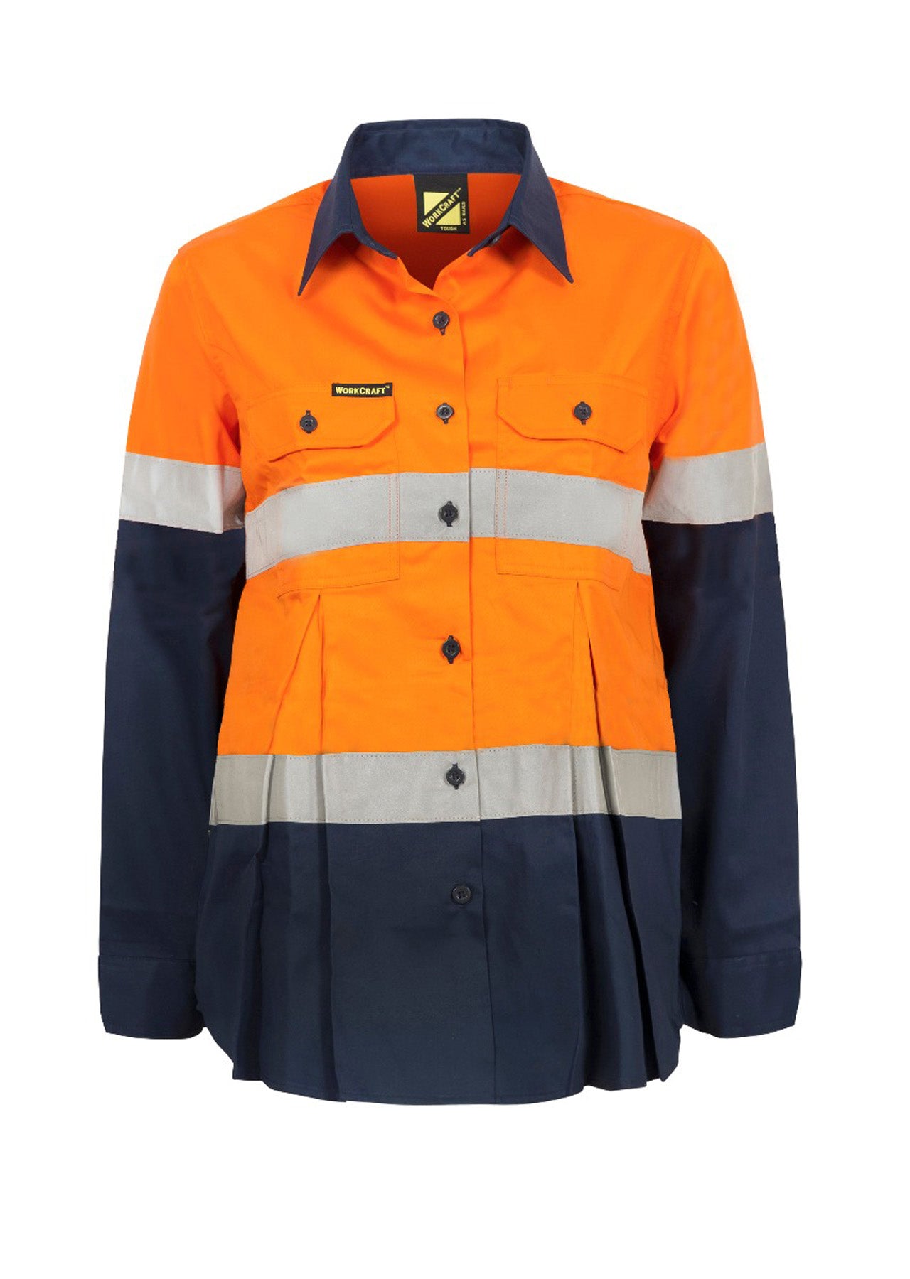 Workcraft WSL601 Ladies Maternity Lightweight Hi Vis Long Sleeve Vented Reflective Cotton Drill Shirt in Orange/Navy