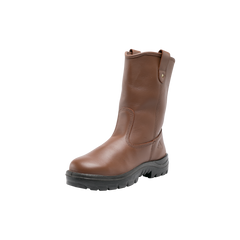 Brown leather boot with black sole on a white background
