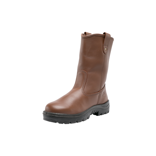 Brown leather boot with black sole on a white background