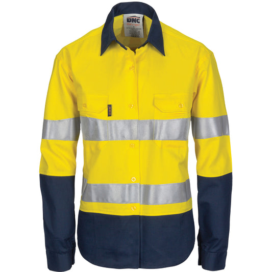 3786 Ladies HIVIS Cool-Breeze Cotton Shirt with CSR R/Tape - Long Sleeve