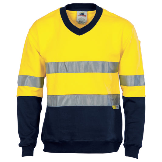 3924 HiVis Two Tone Cotton Fleecy Sweat Shirt V-Neck with 3M R/Tape