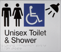 Sign, Unisex Wheelchair Accessible Toilet & Shower, , Blue/White PVC - Safety Sign