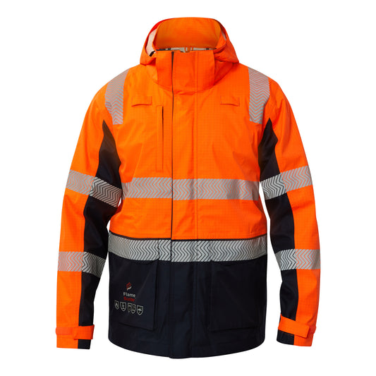 Flamebuster FJV033 Mens FR Hi Vis Wet Weather Segmented Reflective Jacket in Orange/Navy