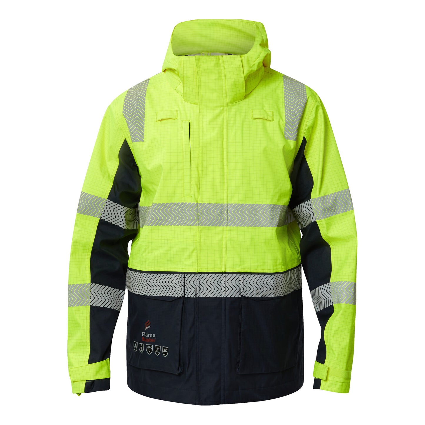 Flamebuster FJV033 Mens FR Hi Vis Wet Weather Segmented Reflective Jacket in Yellow/Navy