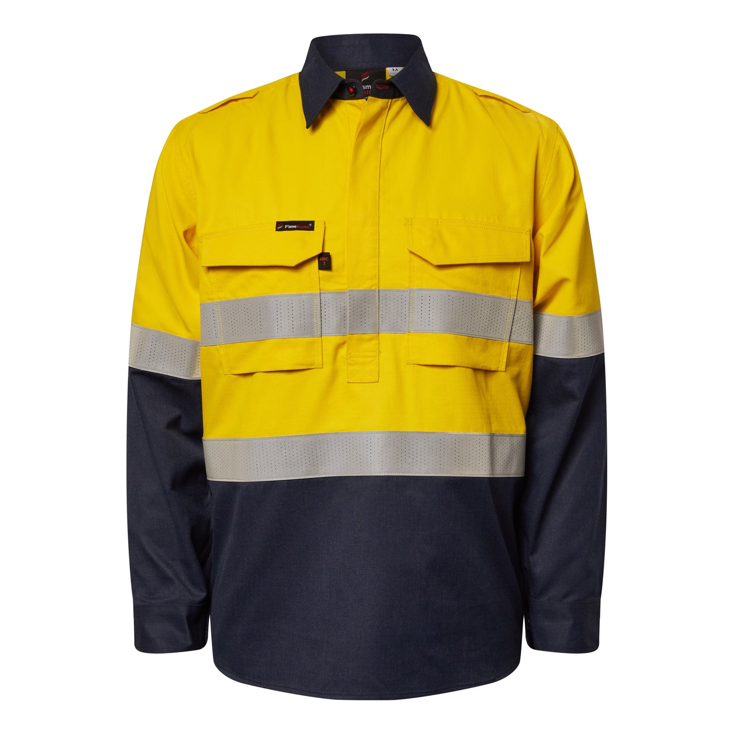 Flamebuster FSV015A Mens HRC2 Inherent Hi Vis Reflective Shirt With Gusset Sleeves in Yellow/Navy
