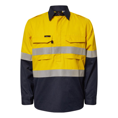 Flamebuster FSV015A Mens HRC2 Inherent Hi Vis Reflective Shirt With Gusset Sleeves in Yellow/Navy