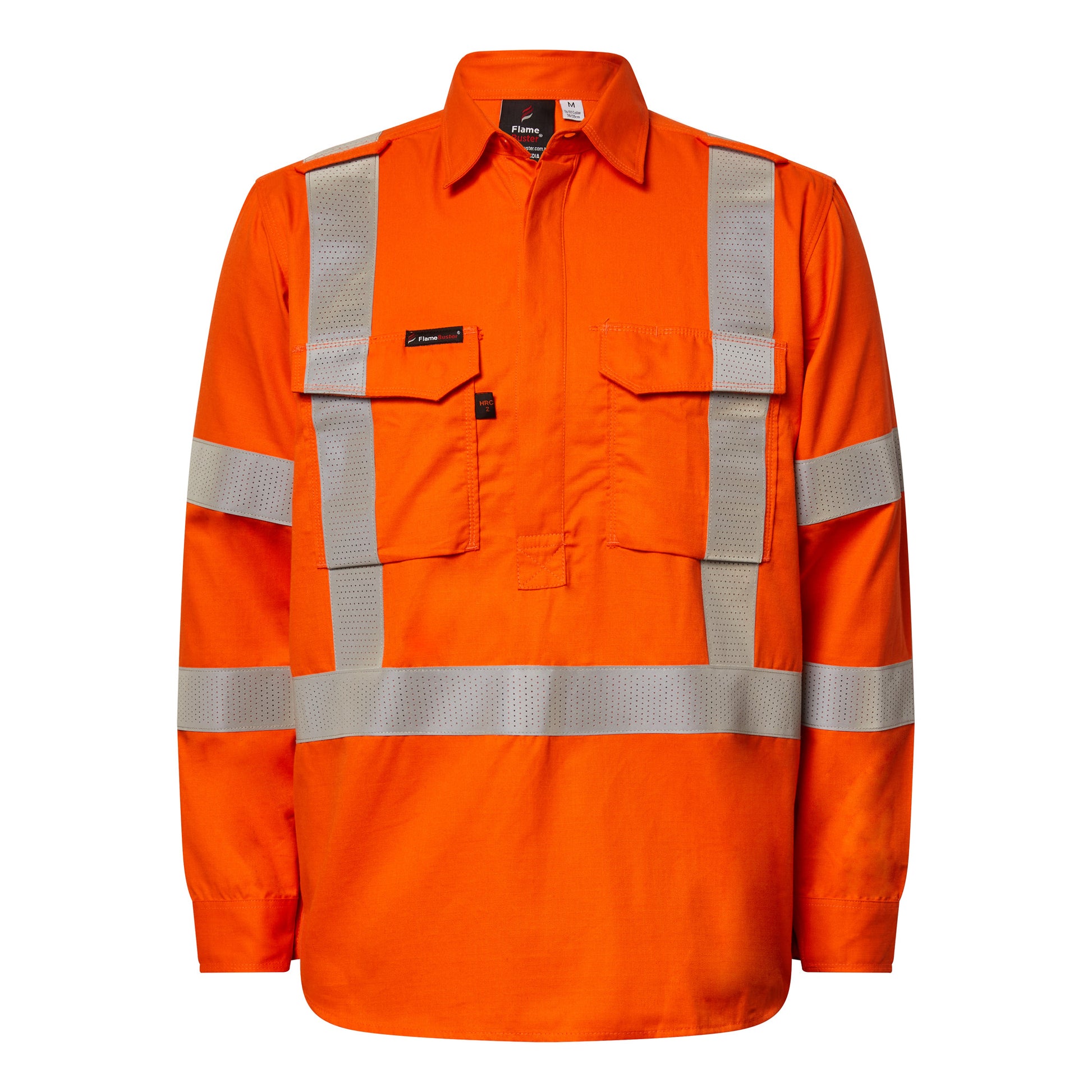Flamebuster FSV031A Mens HRC2 Inherent Hi Vis Closed Front Reflective Shirt With X Pattern And Gusset Sleeves in Orange