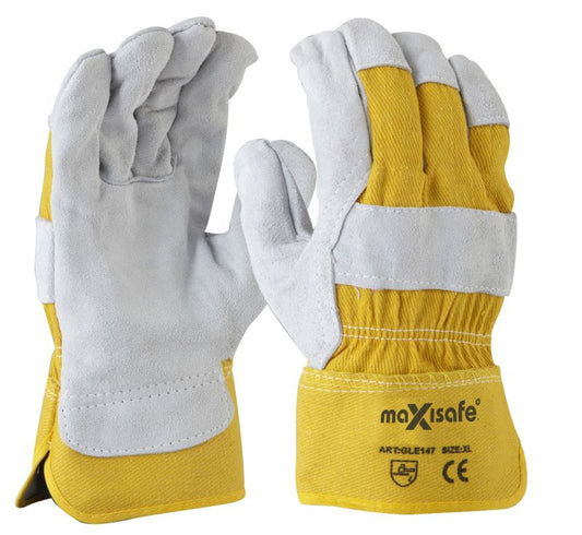 Maxisafe GLE147C Grey split palm, yellow cotton back glove, Retail Carded