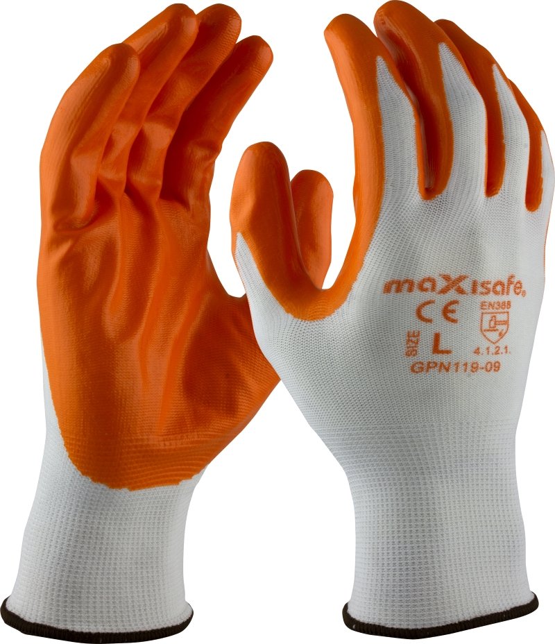 Maxisafe GPN119 Orange Nitrile Coated Polyester Glove, Pack of 5 pairs
