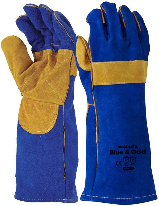 Maxisafe GWY175 Blue & Gold Welders Gauntlet, Reinforced & Cross-Stitched