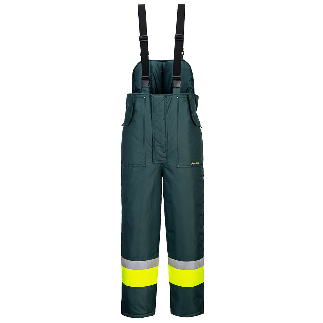 Portwest Huski Hi-Vis Contrast Freezer Bib and Brace in Yellow/Forest Green