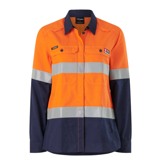 King Gee K84002 Womens Shieldtec LENZING FR Hi-Vis Spliced Open Front Taped Shirt PPE2