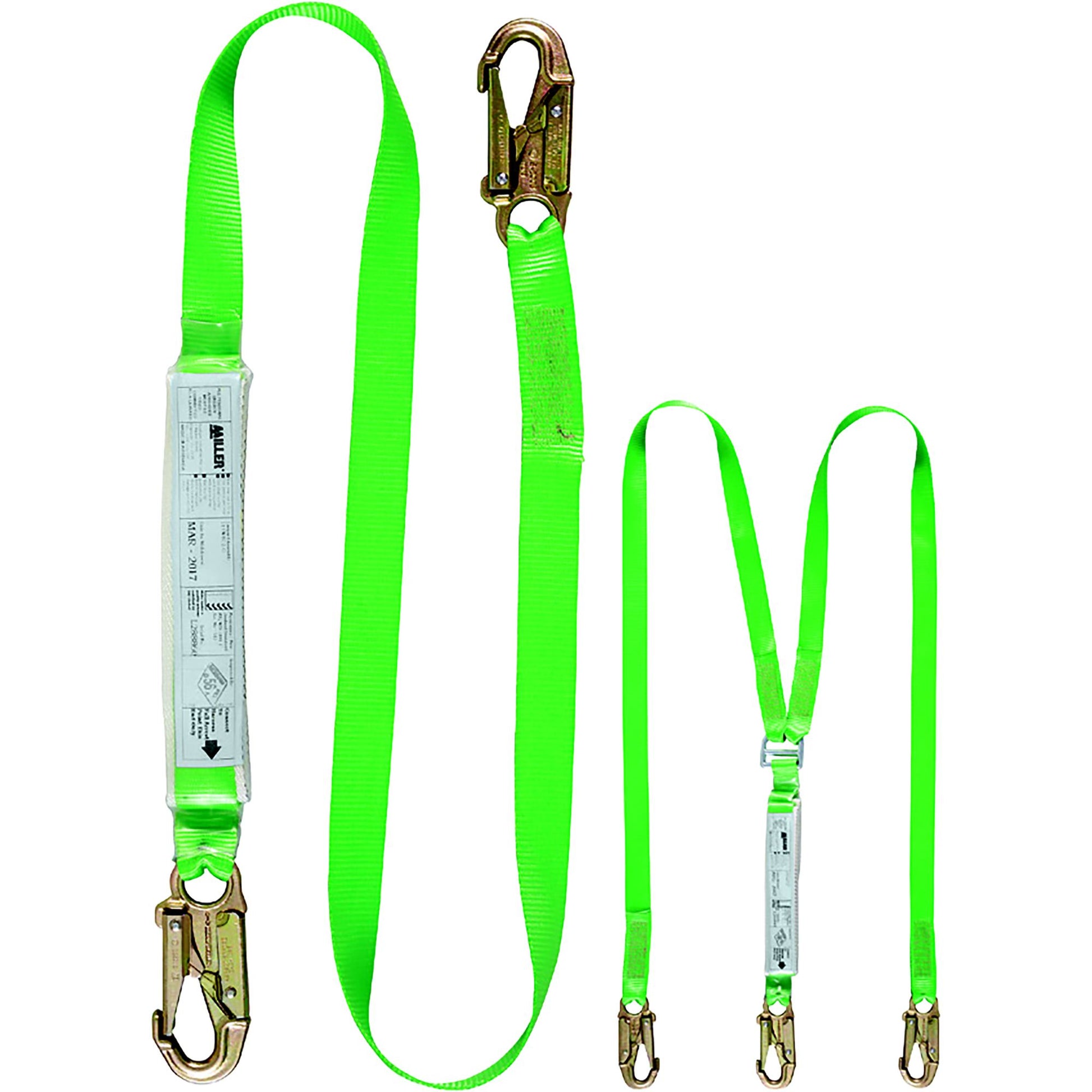 Miller 2M Twin webbing Lanyard with 65mm Scaff hooks on 2 legs & 19mm hook at energy absorber end.