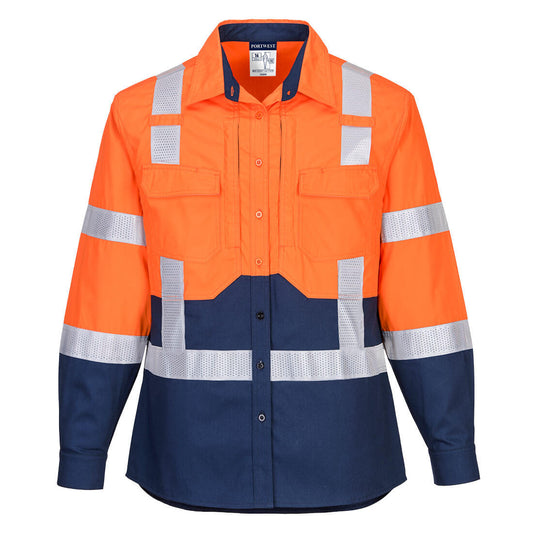 Portwest Ladies Hi-Vis Stretch Long Sleeve Shirt in Orange/Navy