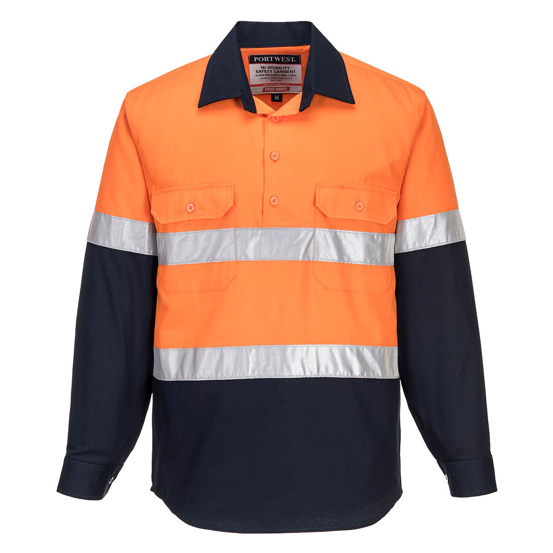 Portwest Hobart Hi-Vis Contrast 1/2 Button Shirt L/S in Orange/Navy