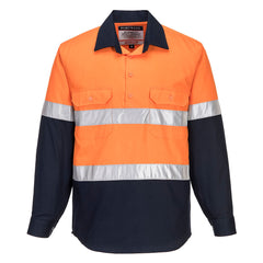 Portwest Hobart Hi-Vis Contrast 1/2 Button Shirt L/S in Orange/Navy