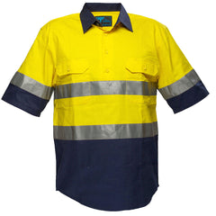 Portwest Hi-Vis Two Tone Regular Weight Short Sleeve Closed Front Shirt with Tape in Yellow/Navy