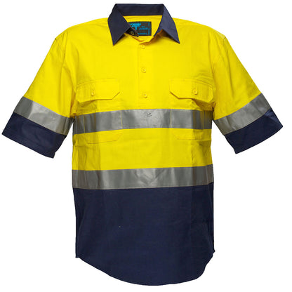 Portwest Hi-Vis Two Tone Regular Weight Short Sleeve Closed Front Shirt with Tape in Yellow/Navy