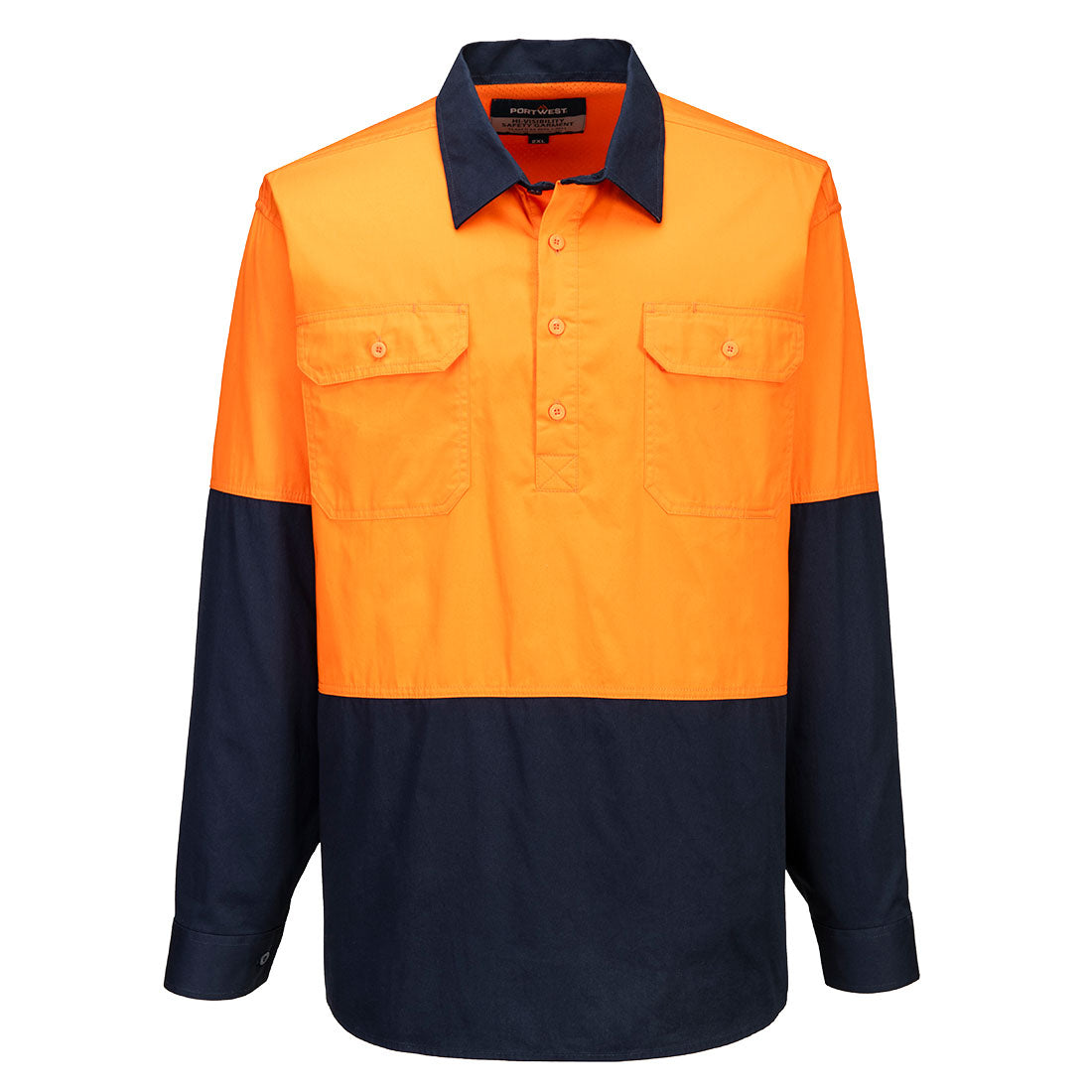 Portwest Canberra Hi-Vis Lightweight Contrast 1/2 Button Class D Shirt L/S in Orange/Navy
