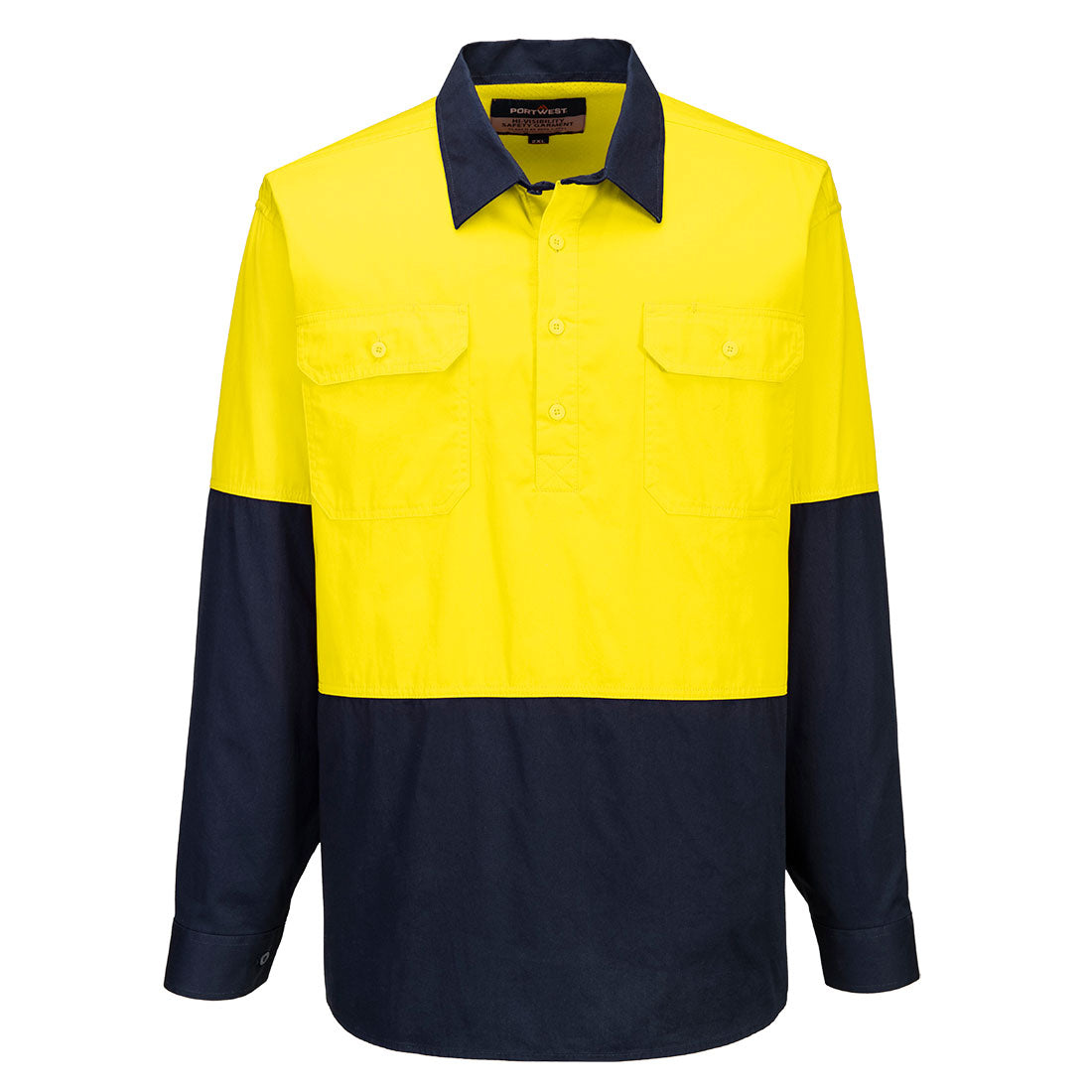 Portwest Canberra Hi-Vis Lightweight Contrast 1/2 Button Class D Shirt L/S in Yellow/Navy