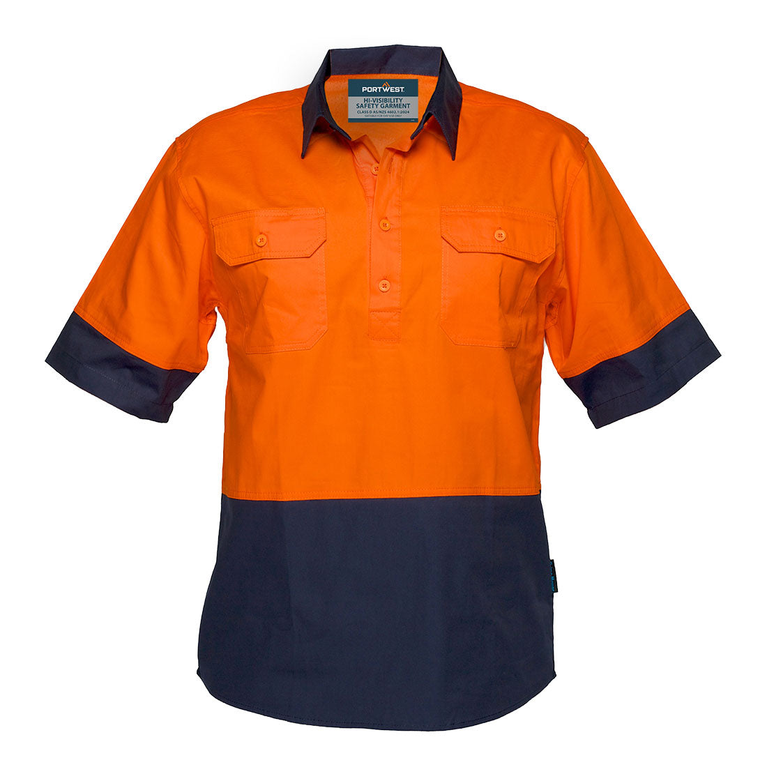 Portwest Canberra Hi-Vis Lightweight Contrast 1/2 Button Class D Shirt S/S in Orange/Navy
